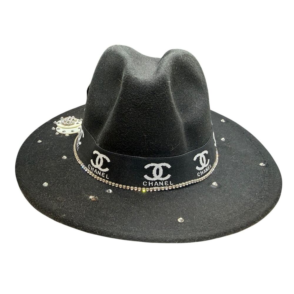Custom-designed black fedora hat featuring rhinestone embellishments